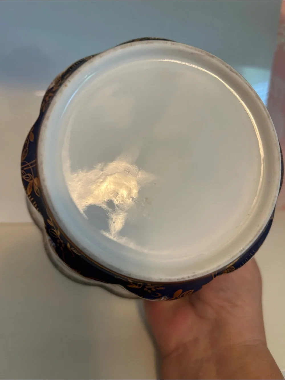 Andrea By Sadek White Porcelain Floral Cachepot with Cobalt and Gold Trim